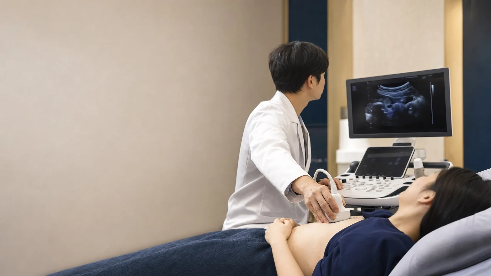 정돈된 검사실에서 의료진이 검사 장비를 준비하는 장면