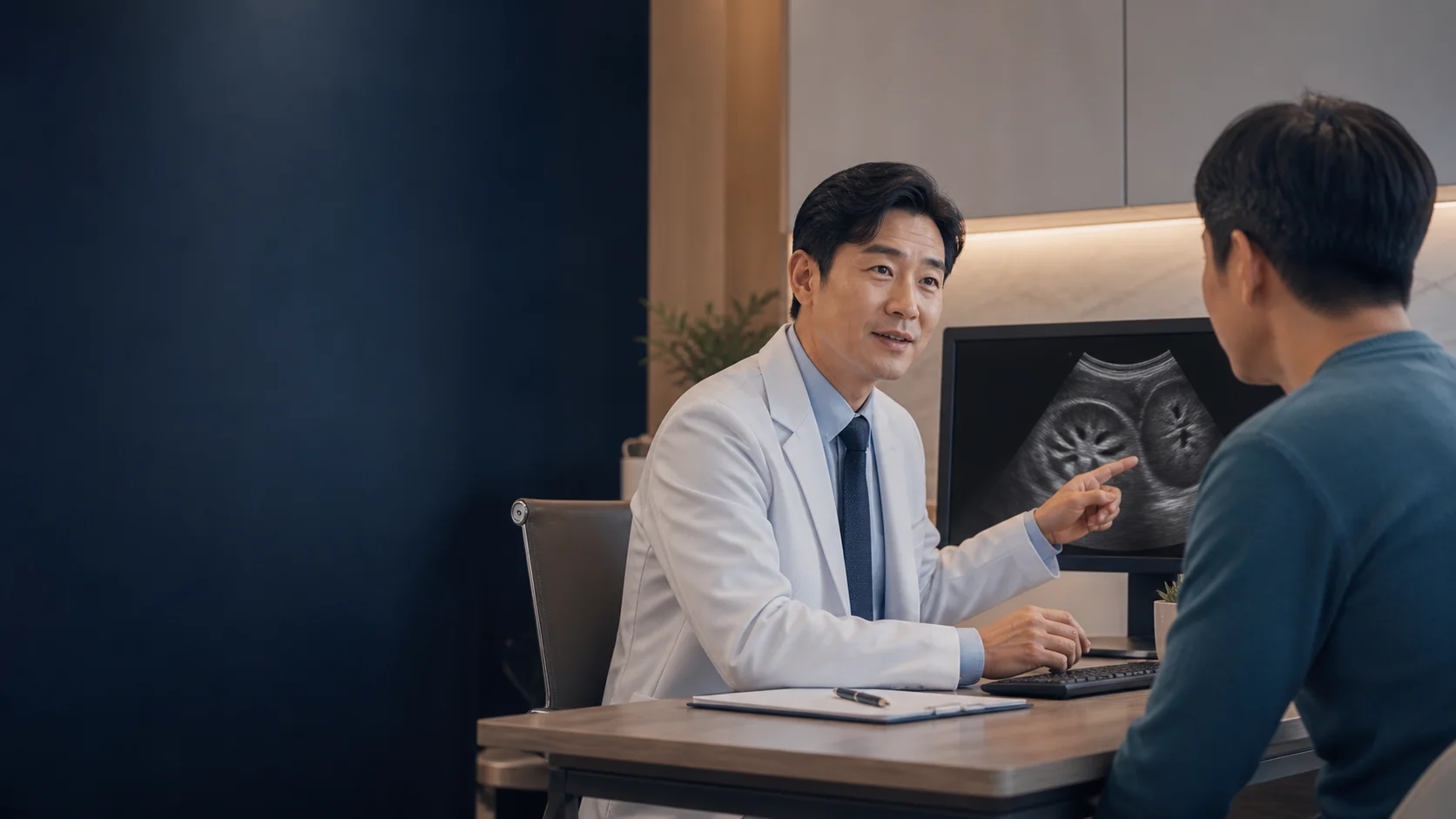 의료진이 환자와 신장 초음파 검사 결과를 확인하는 장면