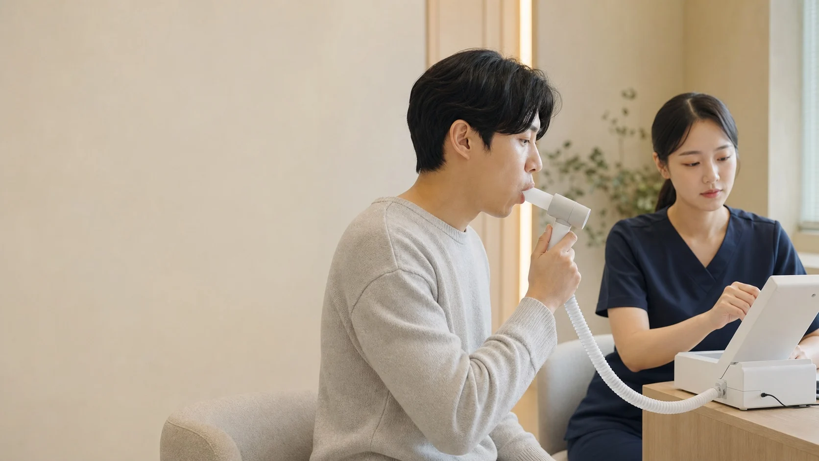 의료진이 호흡기와 알레르기 검사 결과를 설명하는 장면